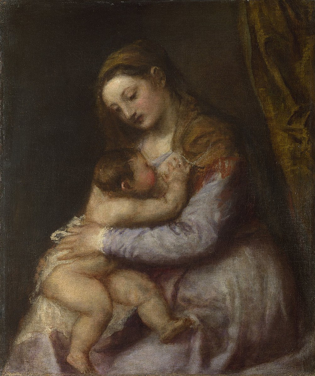 Painting of a woman holding a child against a dark background. Titian – The Virgin Suckling the Infant Christ (c. 1565–1570) | Prado Museum, Madrid