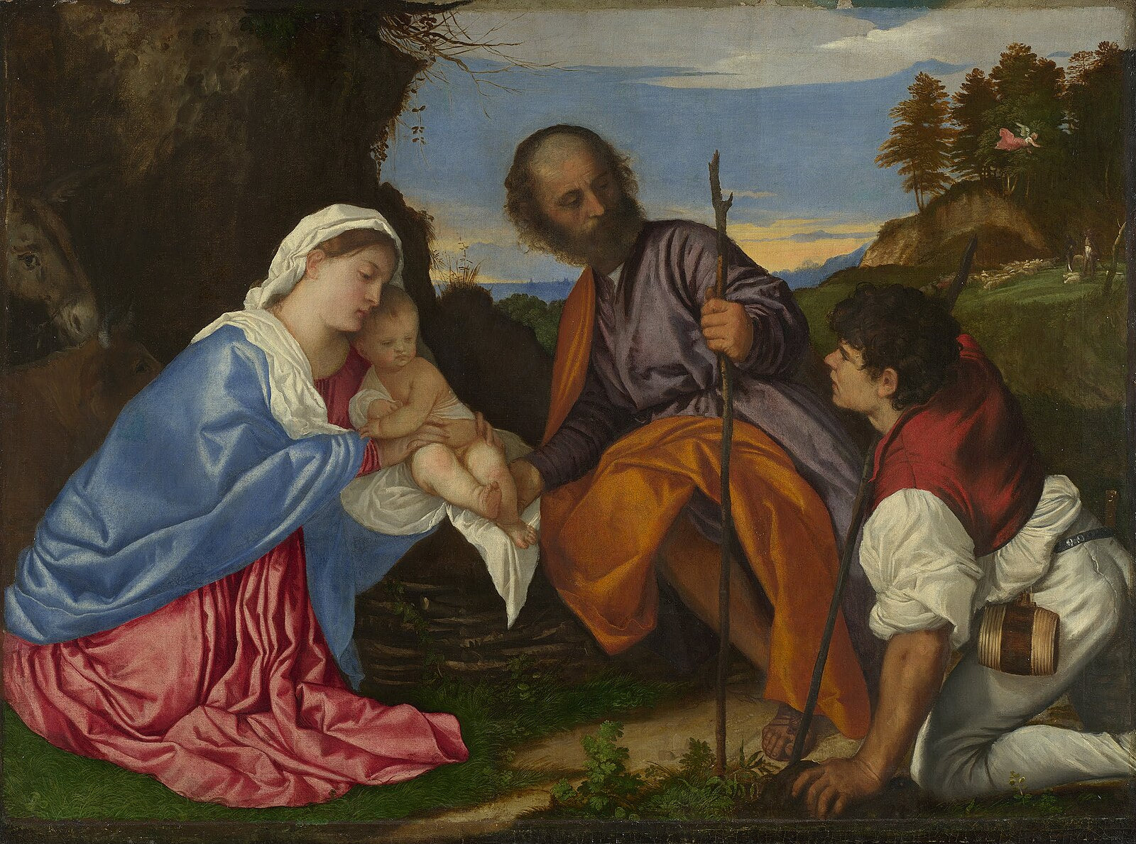 Painting of the Holy Family with shepherds in a landscape. Titian – The Holy Family with a Shepherd (1510) | National Gallery, London
