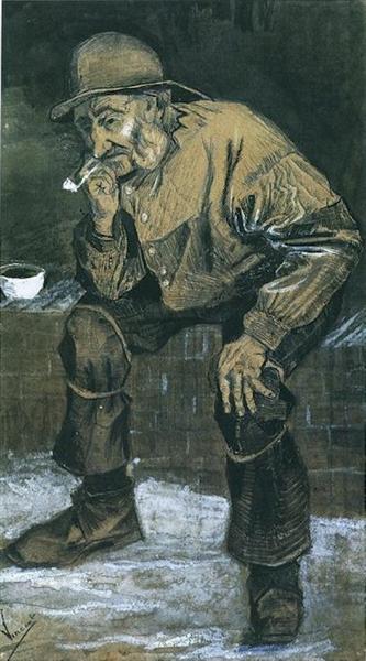 Illustration of an elderly man smoking a cigarette on a bench. Fisherman with Sou’wester, Sitting with Pipe – Vincent van Gogh (1883) | Kröller-Müller Museum