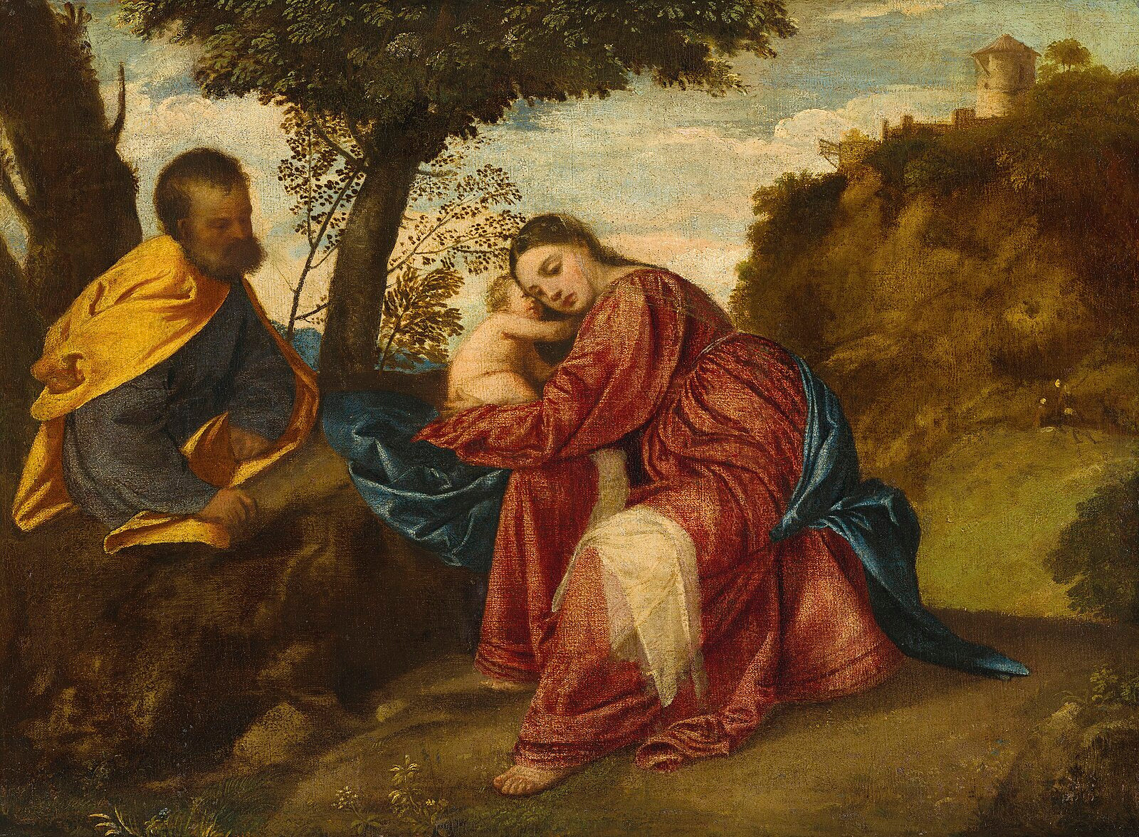 Painting of a woman holding a child in a landscape with another person sitting on a rock. Titian – Rest on the Flight into Egypt (c. 1512) | National Gallery, London
