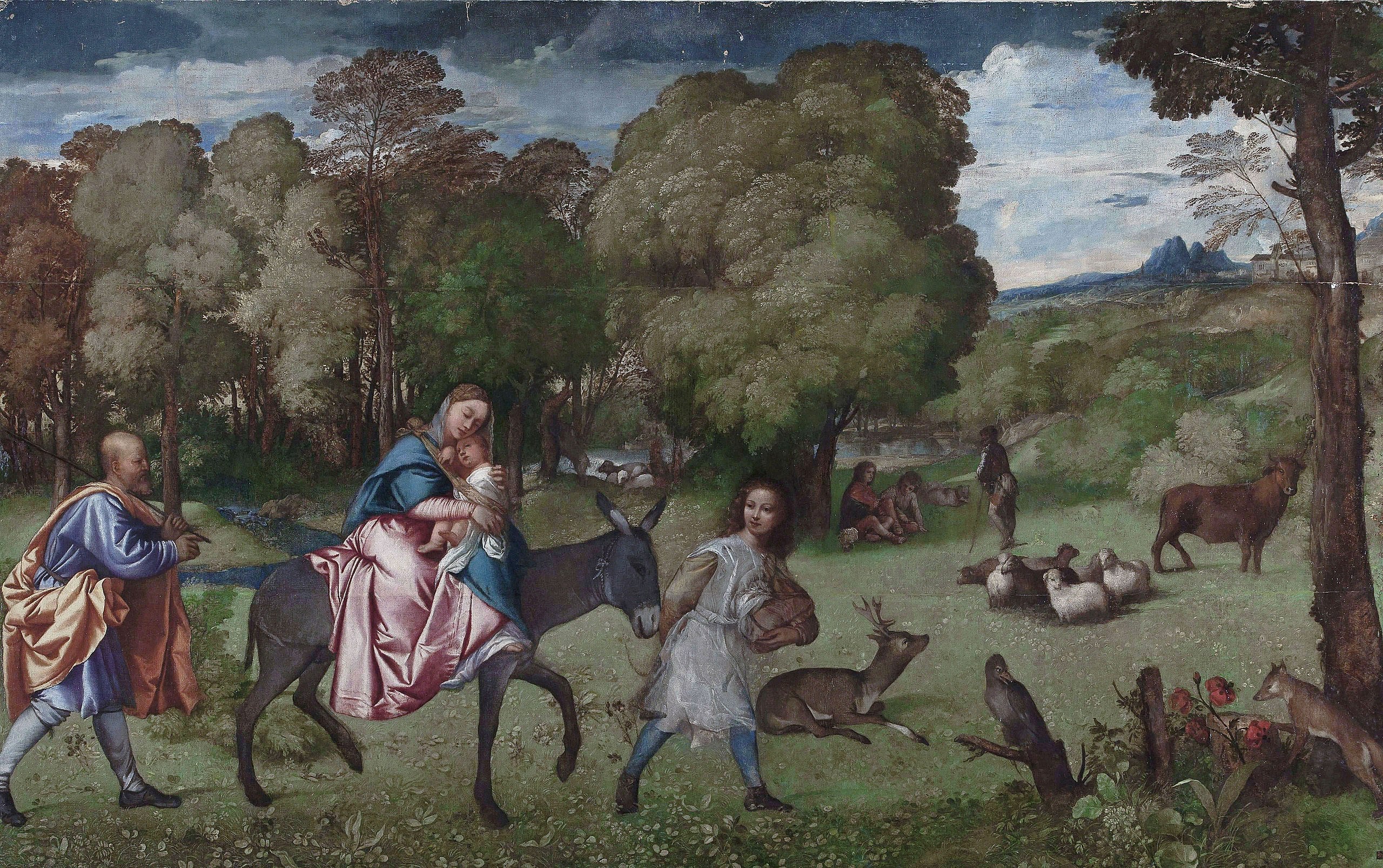 Scene from a classical painting showing figures in a forest with animals and trees. Titian – The Flight into Egypt (c. 1509) | Hermitage Museum, Saint Petersburg