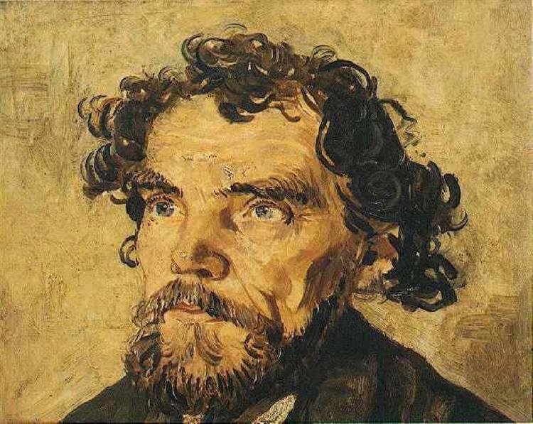Portrait of a man with curly hair and a beard on a textured beige background. Portrait of a Man – Van Gogh (c.1887) | Reproduction by Blue Surf Art