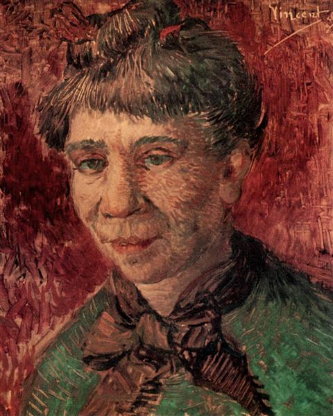 Portrait of a woman with a textured red and brown background. Portrait of a Woman (Madame Tanguy) – Van Gogh (c.1887)