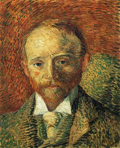 Portrait painting of a man with a textured background. Portrait of Alexander Reid – Van Gogh (1887)