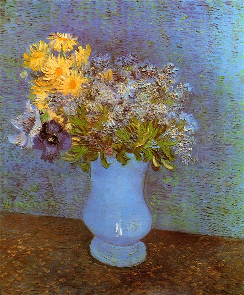 Vase with Flowers by Vincent van Gogh, featuring a bouquet of flowers in a white vase on a textured surface. Vase with Lilacs, Daisies & Anemones (1887) by Van Gogh — Geneva Floral Still Life