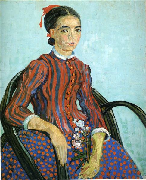Painting of a woman in a red and blue striped dress sitting in a chair. La Mousmé – Vincent van Gogh (1887) | National Gallery of Art