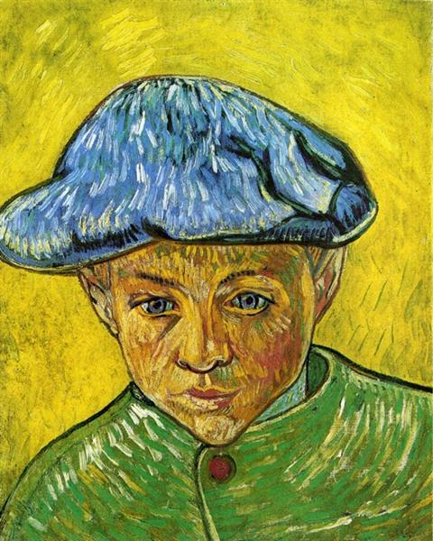 Painting of a boy wearing a blue hat and green coat against a yellow background. Portrait of Camille Roulin – Van Gogh (1888) | Van Gogh Museum