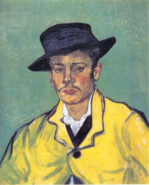 Portrait of a man wearing a yellow jacket and black hat against a green background. Portrait of Armand Roulin – Van Gogh (1888) | Museum Folkwang