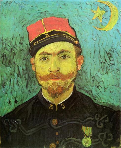 Portrait of a man wearing a red cap with a yellow star and crescent, against a textured green background. Portrait of Milliet, Second Lieutenant of the Zouaves – Van Gogh (1888)