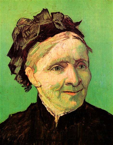 Portrait of a woman with a decorative headpiece on a green background, reminiscent of Van Gogh's style. Portrait of the Artist’s Mother – Van Gogh (Oct 1888) | Norton Simon Museum