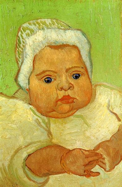 Painting of a baby with a white bonnet against a green background. The Baby Marcelle Roulin – Van Gogh (1888) | Van Gogh Museum