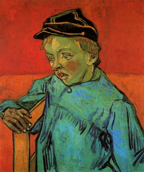 Painting of a young boy with a striped cap against a red background. The Schoolboy (Camille Roulin) – Van Gogh (1888) | MASP, São Paulo