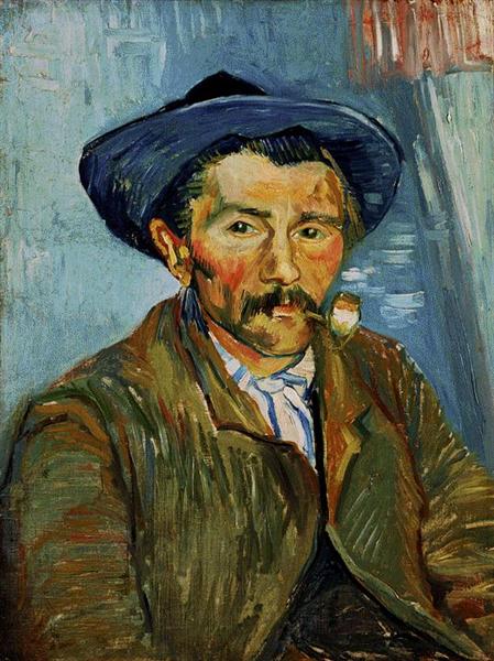 Painting of a man wearing a blue hat and smoking a pipe against a textured blue background. The Smoker (Peasant) – Van Gogh (1888) | Barnes Foundation