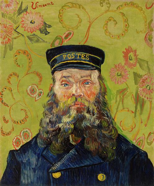 Painting of a man in a 'POSTES' cap with floral and decorative background. Portrait of Joseph-Étienne Roulin – Van Gogh (1889) | MoMA New York