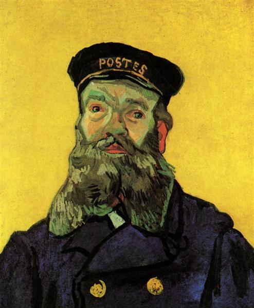 Artistic depiction of a person wearing a 'POSTES' cap against a yellow background. Portrait of Joseph Roulin – Van Gogh (1889) | MoMA New York