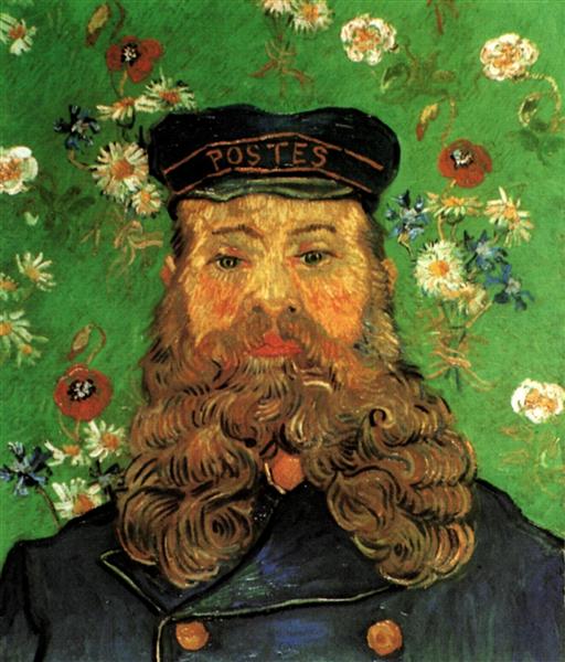 Painting of a man with a beard wearing a 'POSTES' cap against a floral background. Portrait of Joseph Roulin – Van Gogh (1889) | MoMA New York
