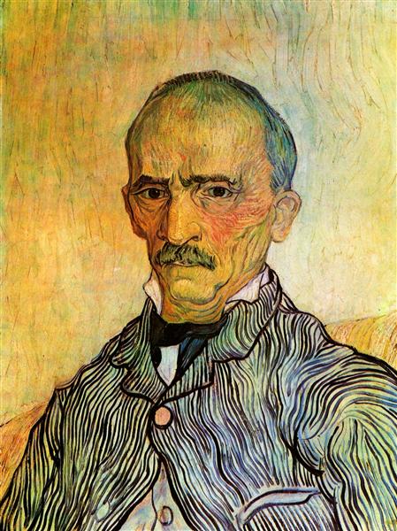 Painting of a man with a mustache against a textured yellow background. Portrait of Trabuc, Attendant at Saint-Paul Hospital – Van Gogh (1889)