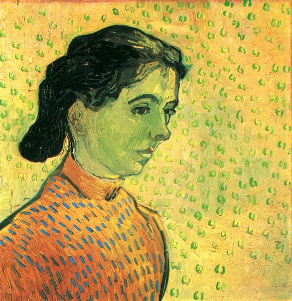 Painting of a woman's profile with a textured yellow background. The Little Arlésienne – Van Gogh (1890) | Kröller-Müller Museum