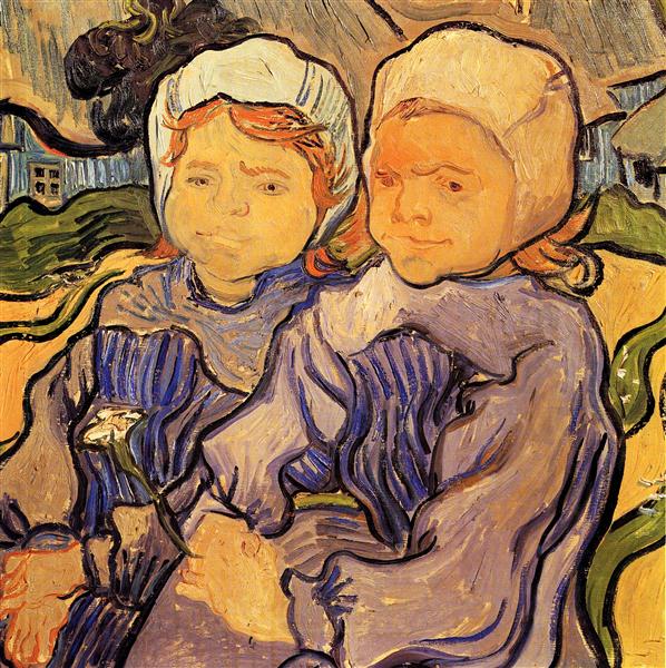 Two children in bonnets sitting together, inspired by Vincent van Gogh's style. Two Children – Van Gogh (1890) | Musée d’Orsay
