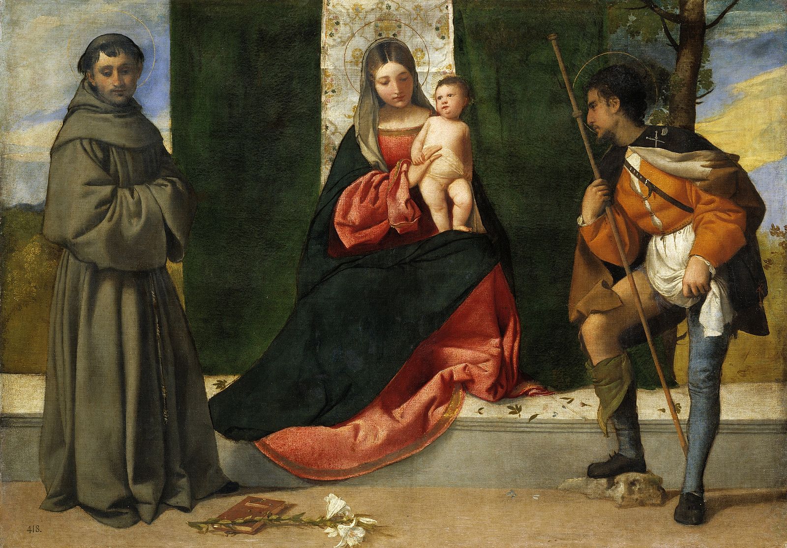 Painting of a religious scene with a woman holding a child, two men, and a landscape. Titian – Mary with the Christ Child, Saint Anthony of Padua and Saint Roch (c. 1510) | Museo del Prado