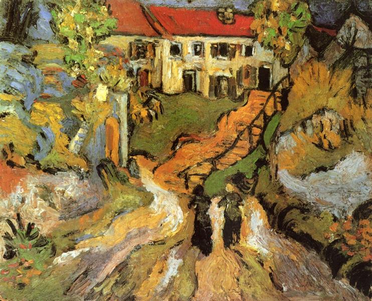 Painting of a house surrounded by nature with a red roof. Village Street and Steps in Auvers with Two Figures (1890) by Van Gogh — Saint Louis Art Museum