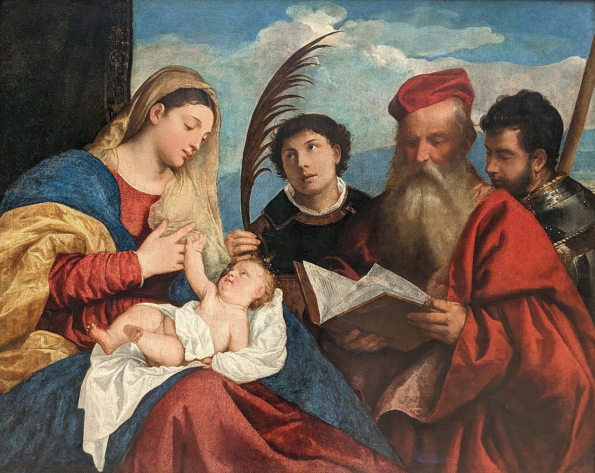 Painting of the Adoration of the Magi with a woman holding a baby and three men in robes. Titian – Mary with the Child and Saints (c. 1510) | Louvre Museum, Paris