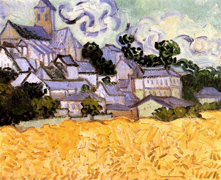 Painting of a village with a yellow field in the foreground. View of Auvers with Church (1890) by Van Gogh — RISD Museum Providence