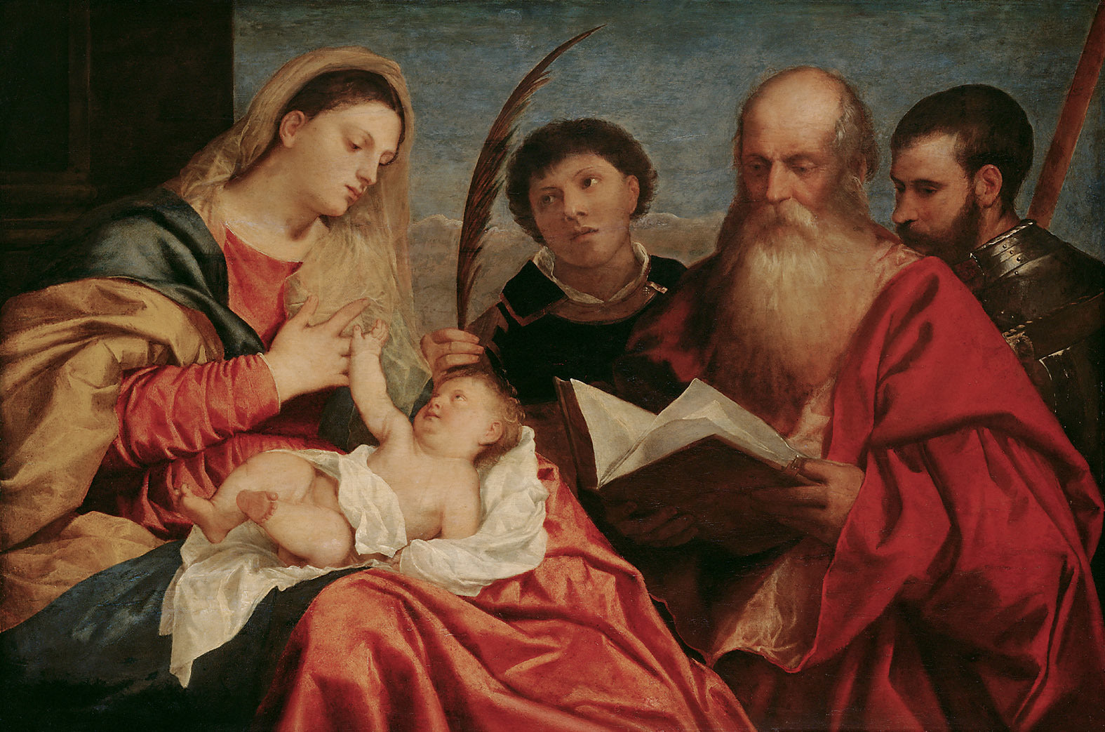 Painting of the Nativity scene with Mary, Joseph, and baby Jesus. Titian – Virgin and Child with Saints Stephen, Jerome, and Maurice (c. 1520) | Kunsthistorisches Museum, Vienna