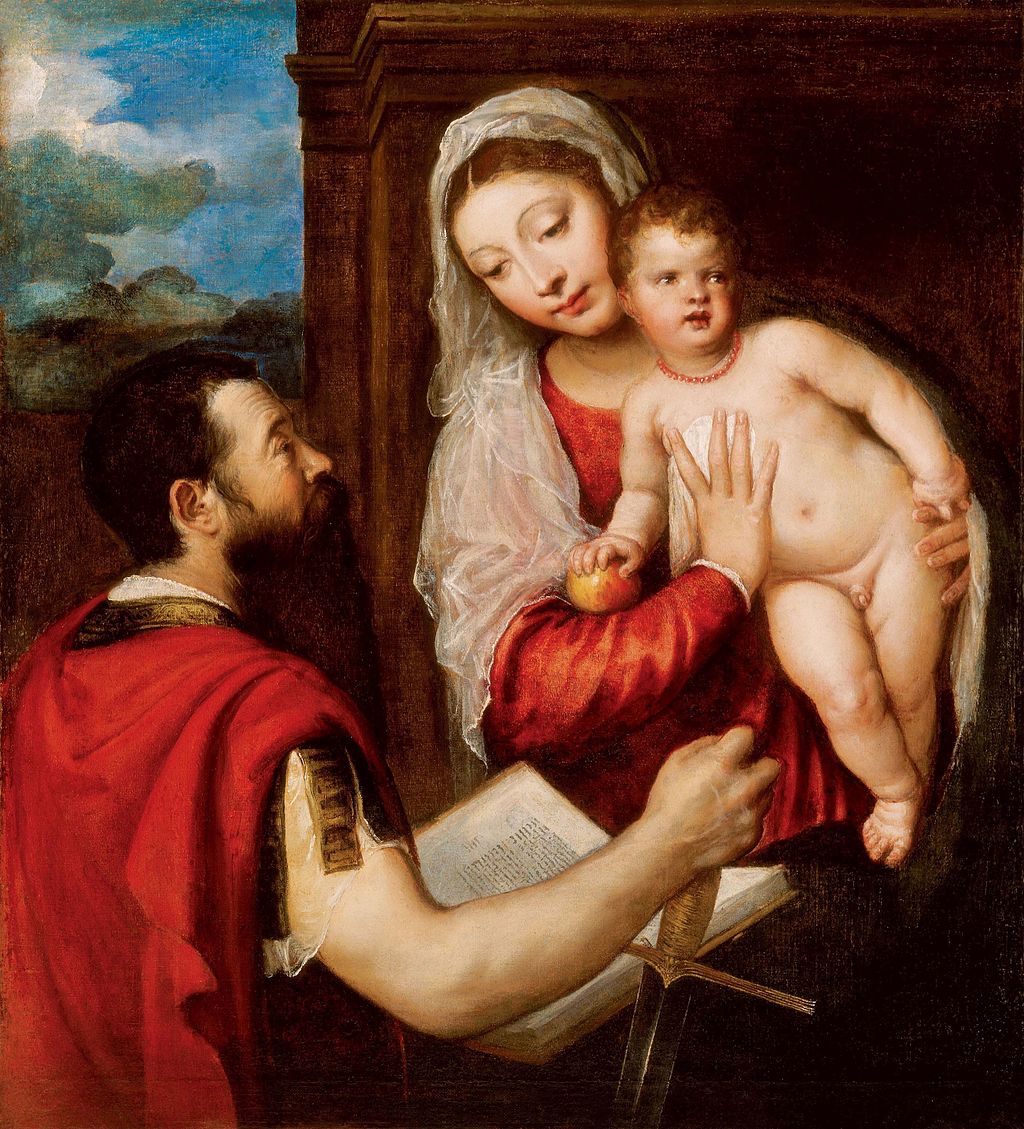 Painting of a woman holding a child with a man in a red robe, set against a landscape. Titian – Virgin and Child with Saint Paul (c. 1510) | Museum of Fine Arts, Budapest