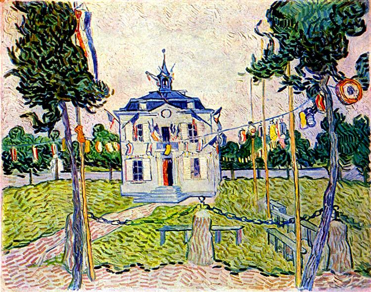 Auvers Town Hall on 14 July 1890 by Van Gogh — Bastille Day Town Hall Painting
