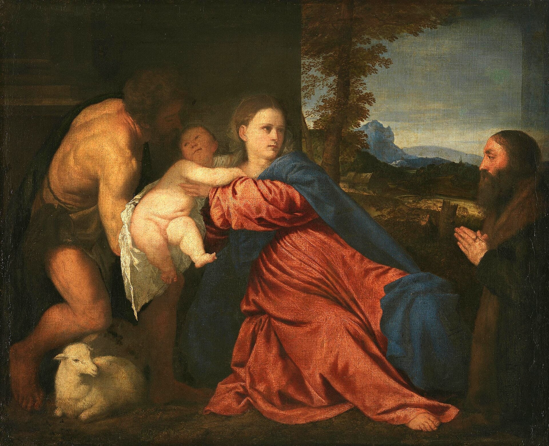 classical painting of a woman holding a child with two other figures in a landscape. Titian – Madonna and Child with St. John and a Praying Donor (1513–1514) | Alte Pinakothek, Munich