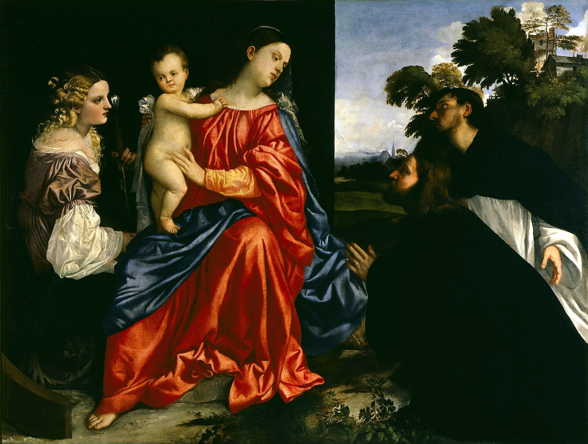 Painting of a woman holding a child with another woman and child in a separate inset. Titian – Balbi Holy Conversation (c. 1513) | Fondazione Magnani-Rocca, Parma