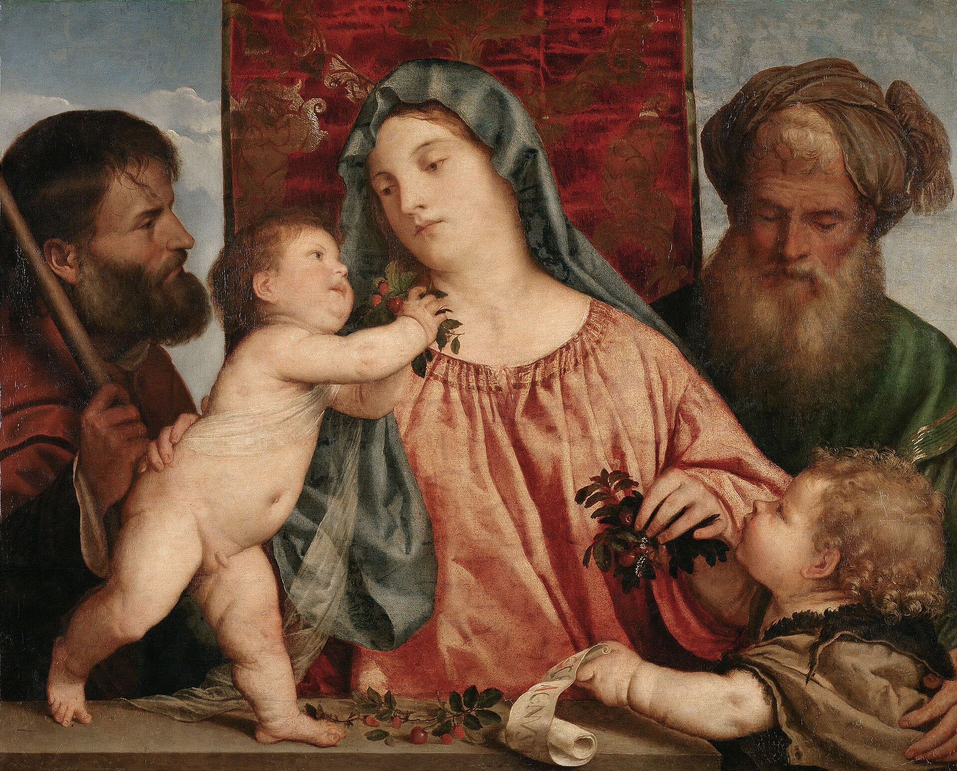 Painting of a woman with a child and two men, possibly from the Renaissance period. Titian – Madonna of the Cherries (c. 1516–1518) | Kunsthistorisches Museum, Vienna