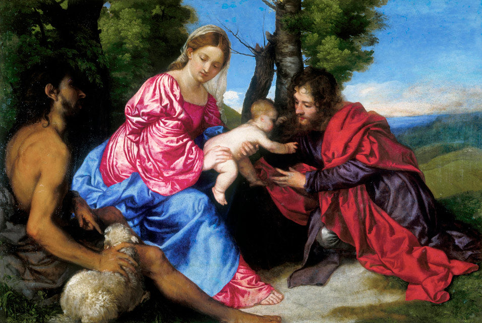 Painting of a religious scene with figures in a natural setting. Titian – Virgin and Child with St. John the Baptist and an Unidentified Male Saint (c. 1517–1520)
