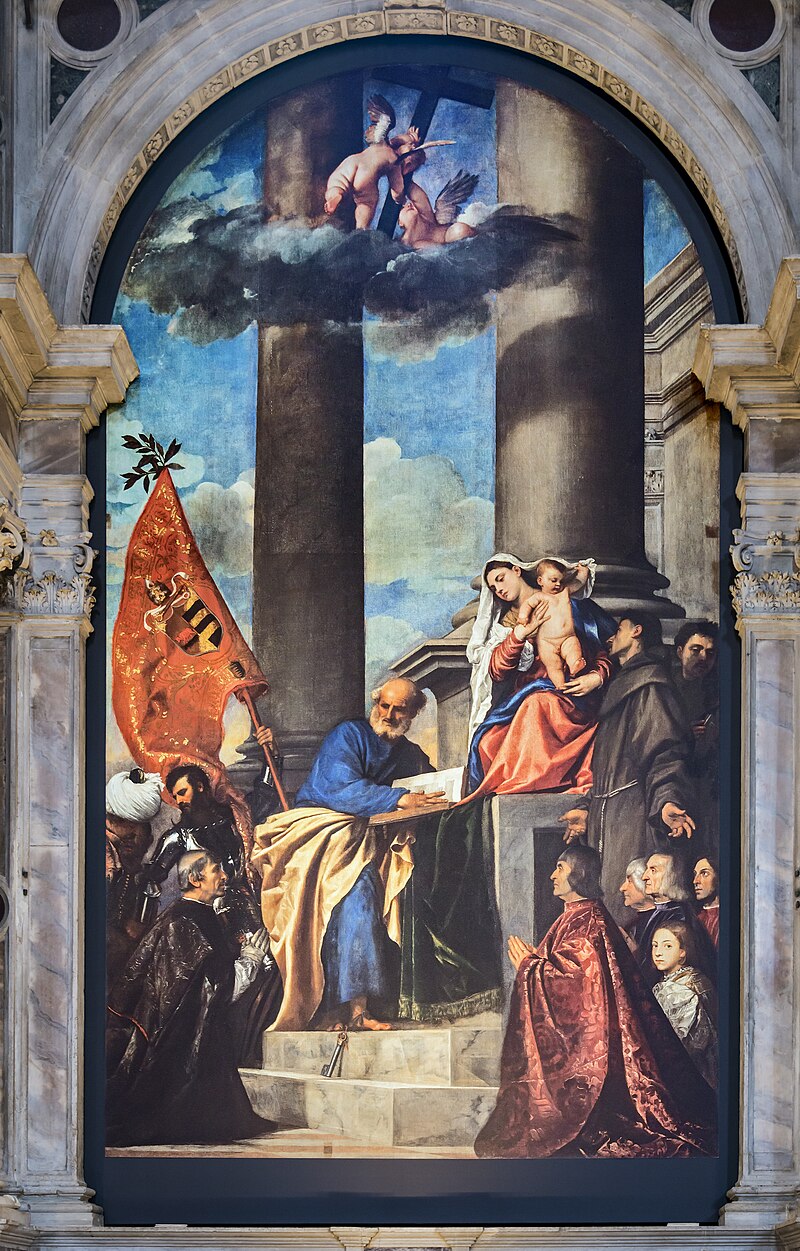 Large religious painting depicting a scene with figures and architectural elements. Titian – Pesaro Madonna (1519–1526) | Santa Maria Gloriosa dei Frari, Venice