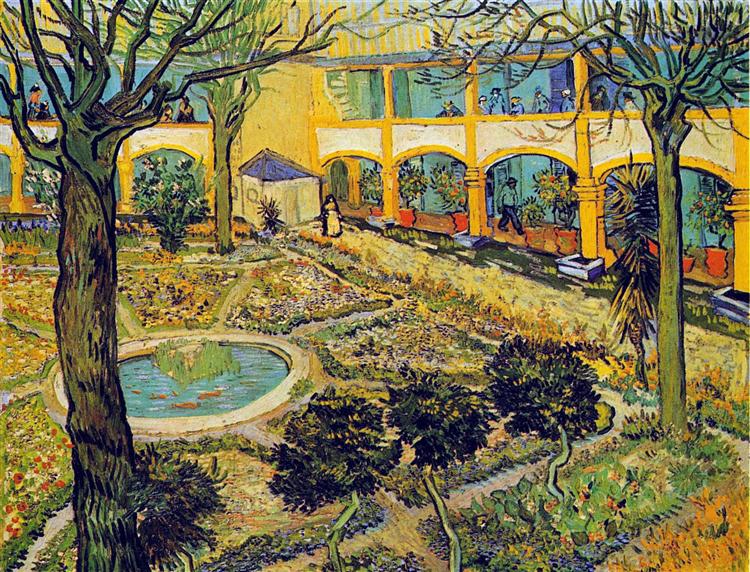 Painting of a courtyard with architectural elements and people, featuring Van Gogh's signature style. The Courtyard of the Hospital in Arles (1889) by Van Gogh — Oskar Reinhart Collection