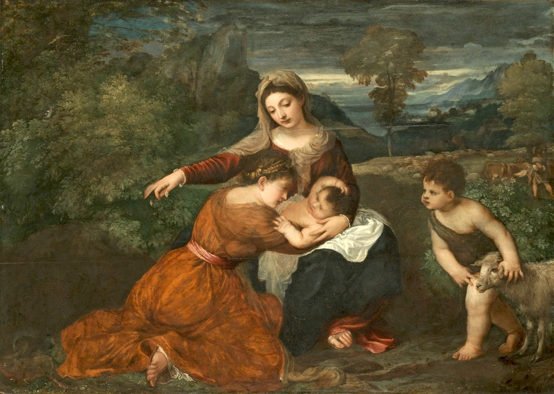 Painting of a woman holding a child in a natural landscape with another child and a dog. Titian – The Madonna and Child with a Female Saint and the Infant Saint John the Baptist (after 1532) | Kimbell Art Museum
