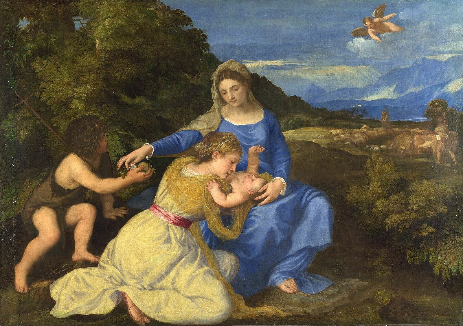 Painting of a woman in a blue dress tending to two children in a landscape with mountains and an angel. Titian – Aldobrandini Madonna (c. 1532) | National Gallery, London