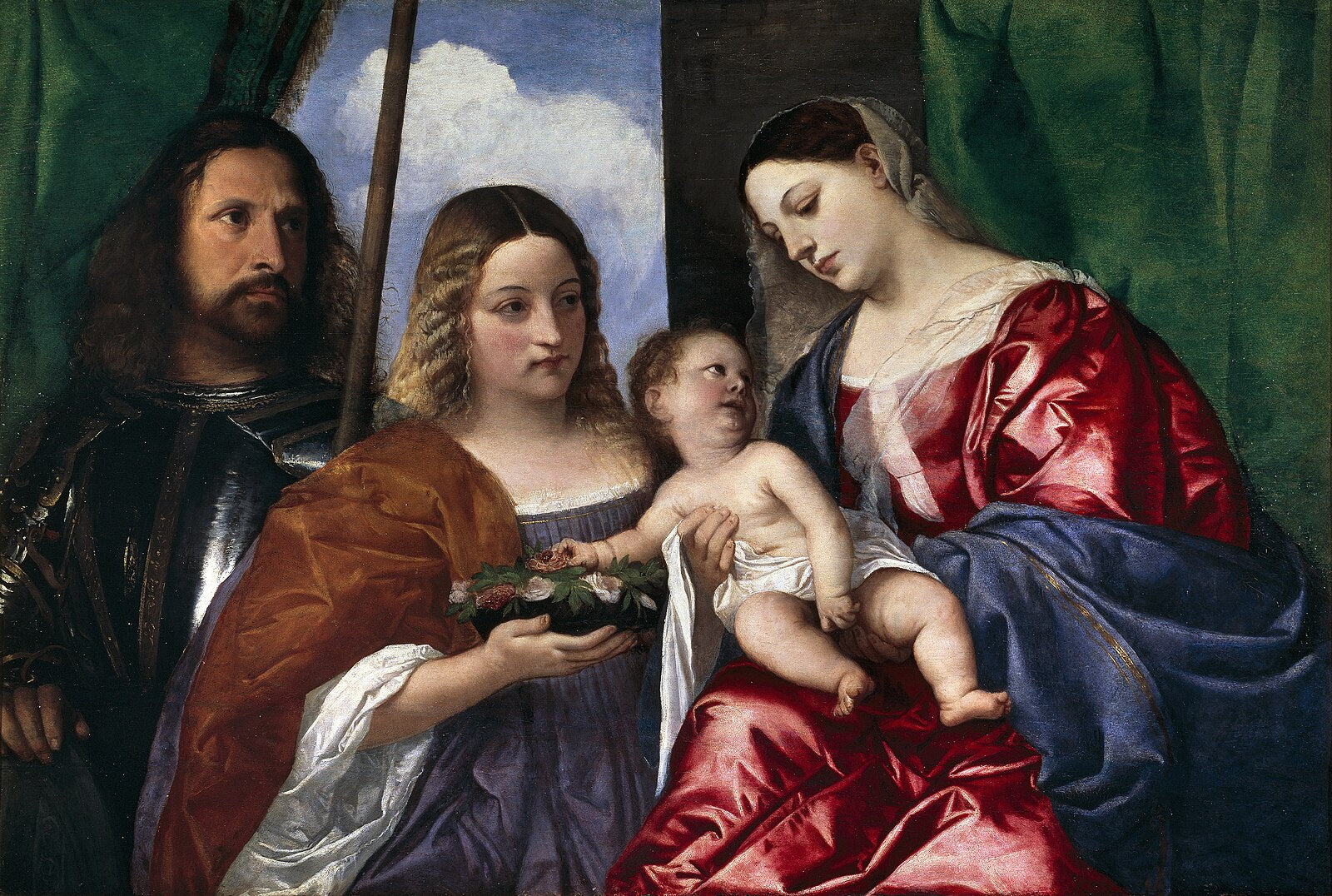 Painting of a family scene with a central figure holding a child, set against a green curtain. Titian – Madonna and Child with Saints Dorothy and George (c. 1515–1518) | Museo del Prado, Madrid