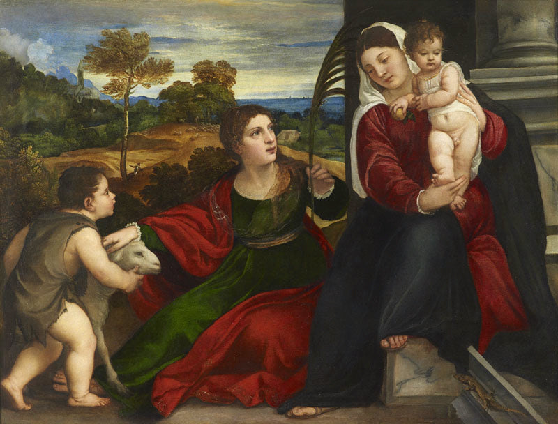 Painting of a woman holding a child with another woman and child in a landscape. Titian – Madonna and Child with Saint Agnes and Saint John the Baptist (c. 1535) | Dijon Museum / Louvre Collection