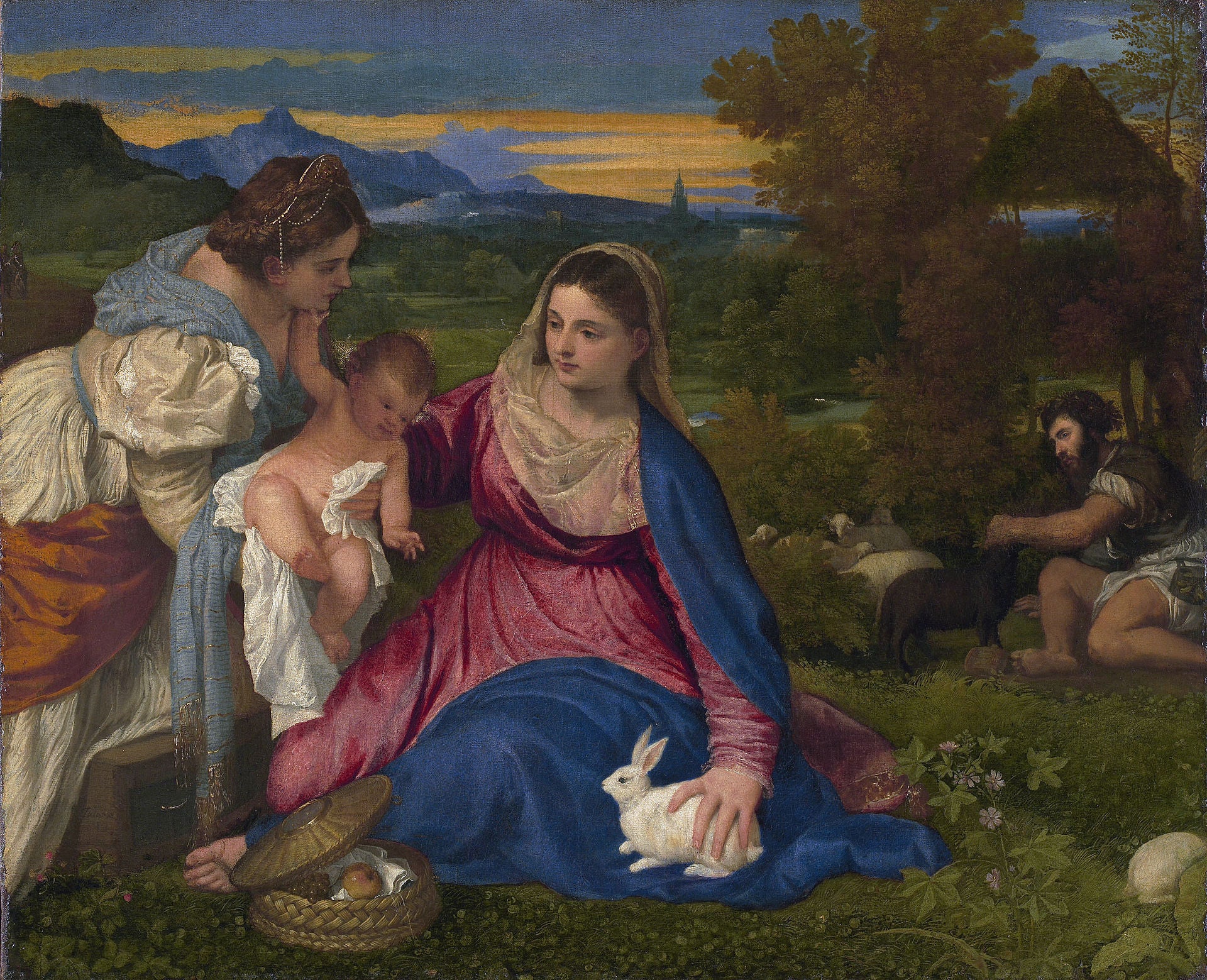 Painting of a woman holding a child and a rabbit in a pastoral setting with mountains in the background. Titian – Madonna of the Rabbit (1530) | Louvre Museum, Paris