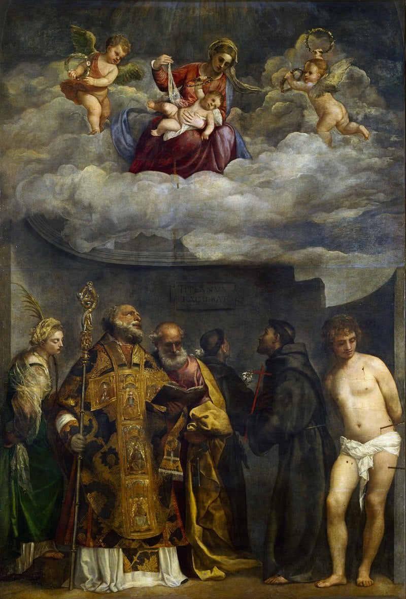 Mural or painting with religious figures and cherubs in a heavenly setting. Titian – Altarpiece of San Nicolò della Lattuga (1520–1526) | Vatican Museums