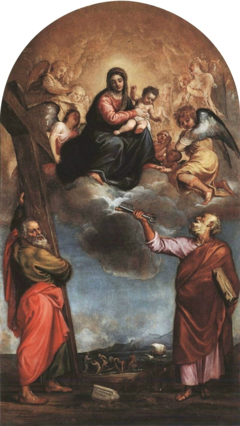 Painting of a religious scene with figures and angels, possibly from a religious or historical context. Serravalle Altarpiece by Titian – Renaissance Masterpiece Reproduction