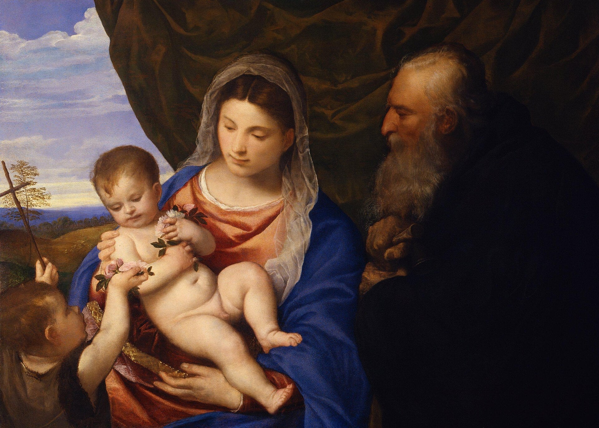 Painting of the Holy Family with a landscape background. Madonna of the Roses by Titian – Uffizi Renaissance Masterpiece