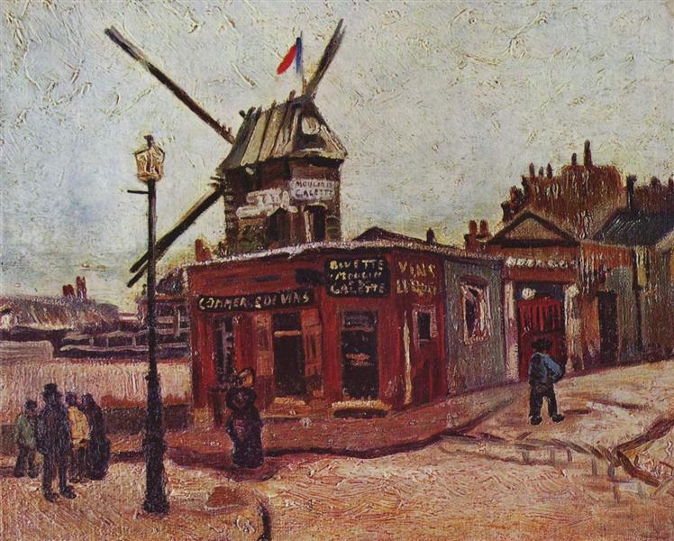 Painting of a street scene with a windmill and buildings, featuring Van Gogh's style. Le Moulin de la Galette (1886) by Van Gogh — Carnegie Museum of Art