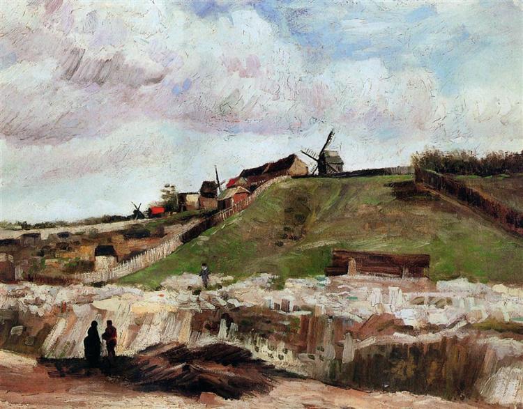 Painting of a landscape with windmills and people near a body of water. Montmartre the Quarry and Windmills (1886) by Van Gogh — Van Gogh Museum Collection