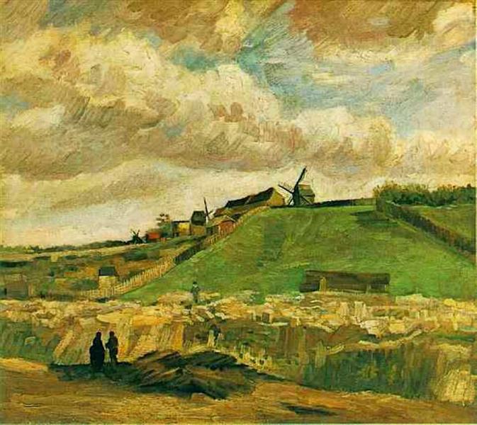 Painting of a landscape with windmills and people on a hill under a cloudy sky. The Hill of Montmartre with Quarry (1886) by Van Gogh — Van Gogh Museum