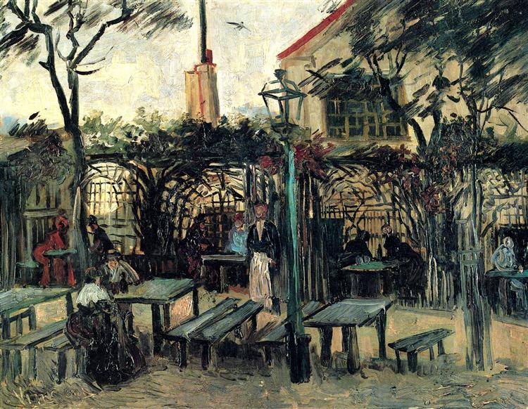 Painting of an outdoor cafe scene with people and tables. Terrace of a Café on Montmartre (La Guinguette) (1886) by Van Gogh — Musée d’Orsay