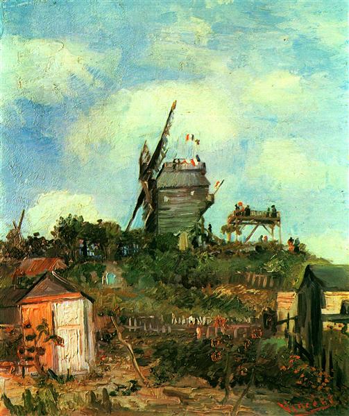 Painting of a windmill with people on top against a blue sky with clouds, surrounded by rustic buildings and greenery. Le Moulin de la Gallette 3 (1886) by Van Gogh — Kelvingrove Art Gallery & Museum
