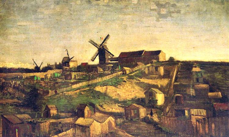 Painting of a village with windmills and houses under a yellow sky. Montmartre the Quarry and Windmills (1886) by Van Gogh — Kröller-Müller Museum